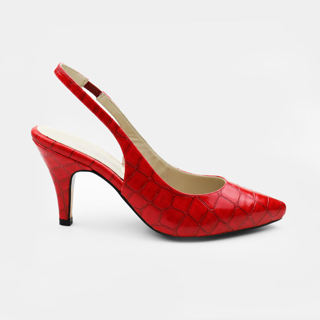 Zapatilla de piel efecto croco color rojo destalonada