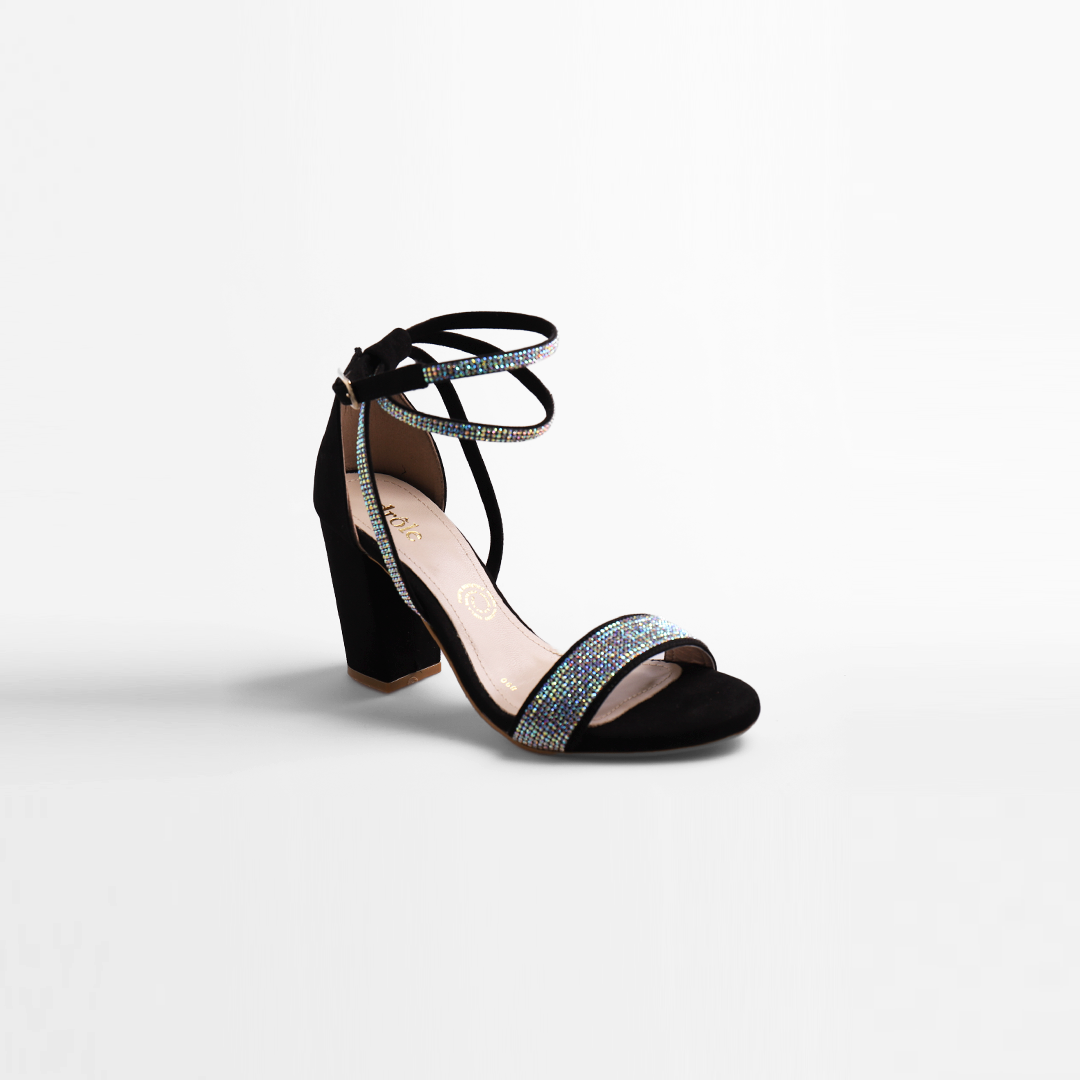 Sandalia en suede negro con aplicación de strass
