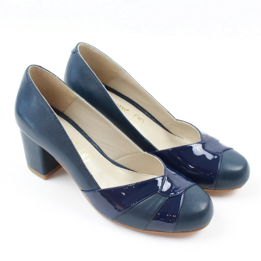 Zapatos de tacon medio, punta redonda azul marino
