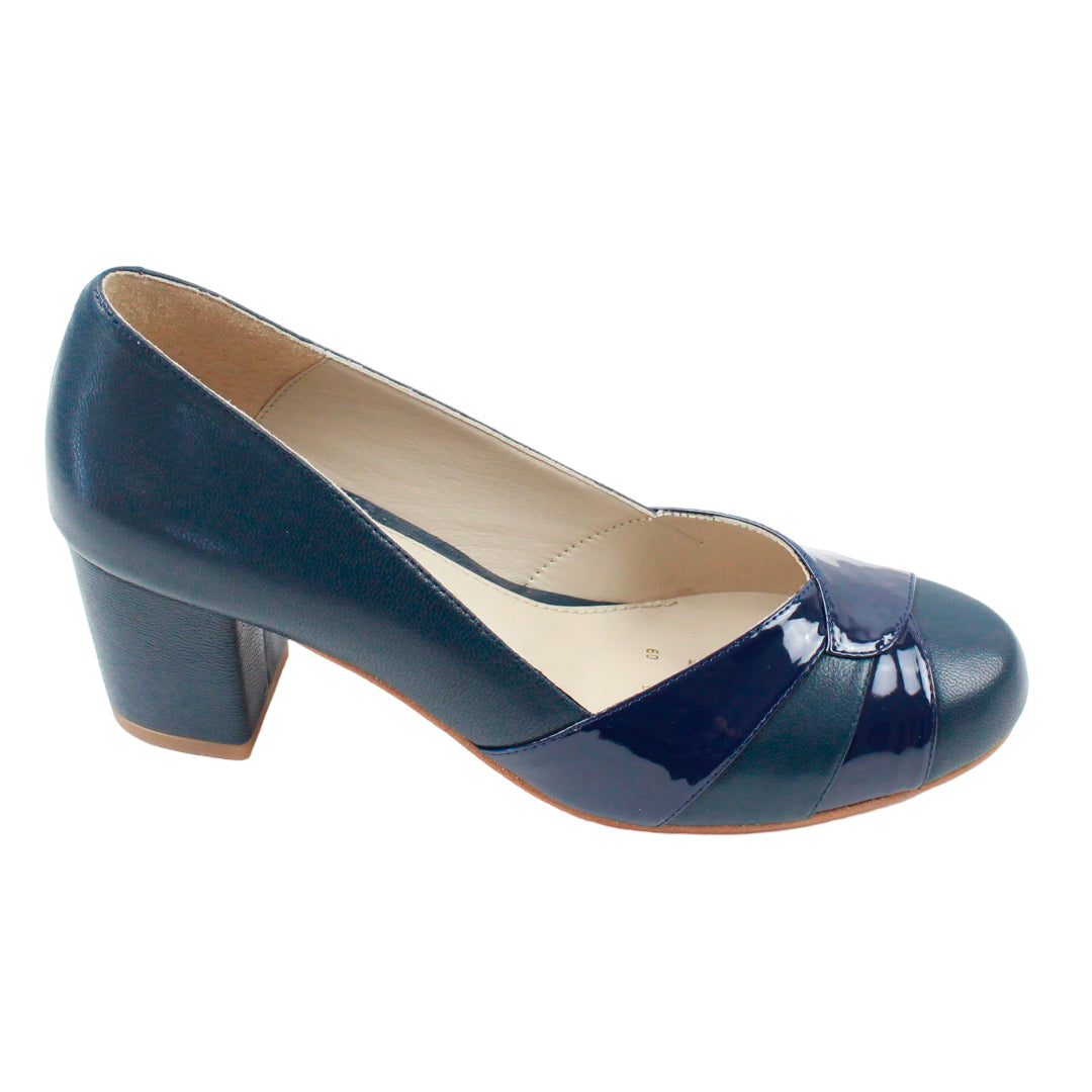 Zapatos de tacon medio, punta redonda azul marino