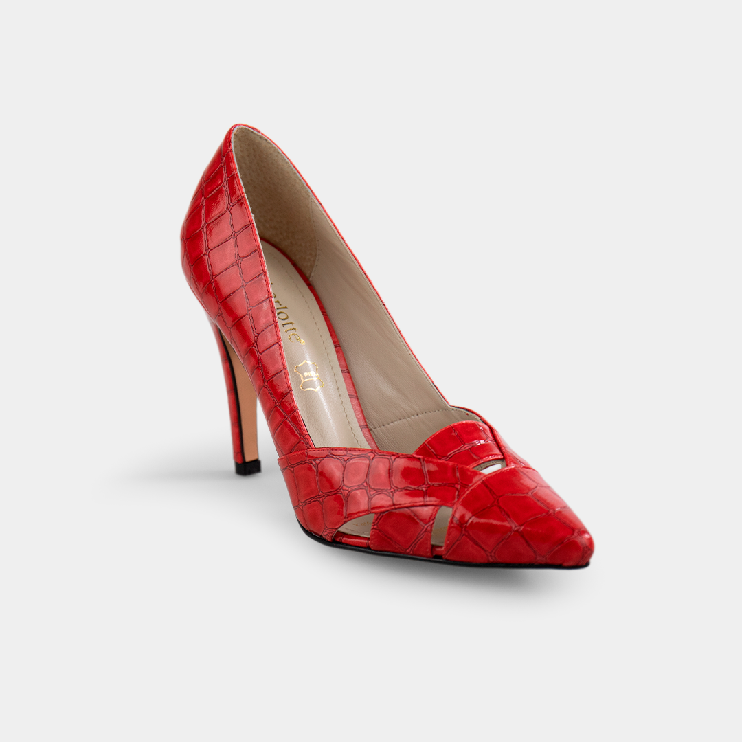 Zapatilla de piel tipo croco color rojo tacón alto