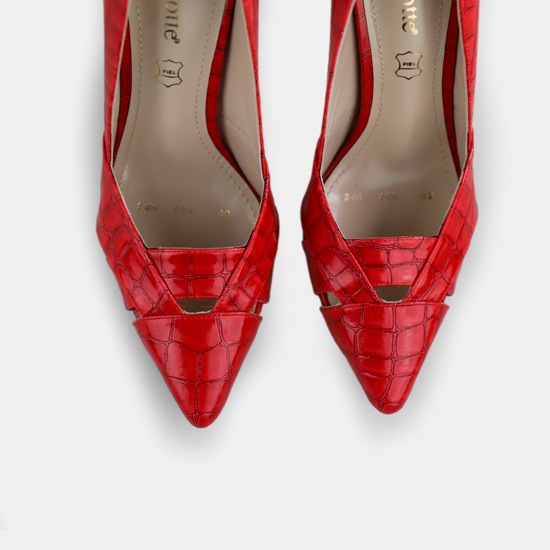 Zapatilla de piel tipo croco color rojo tacón alto