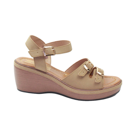Sandalia plataforma altura media, pulsera con hebilla color camel