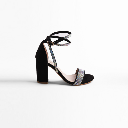 Sandalia en suede negro con aplicación de strass
