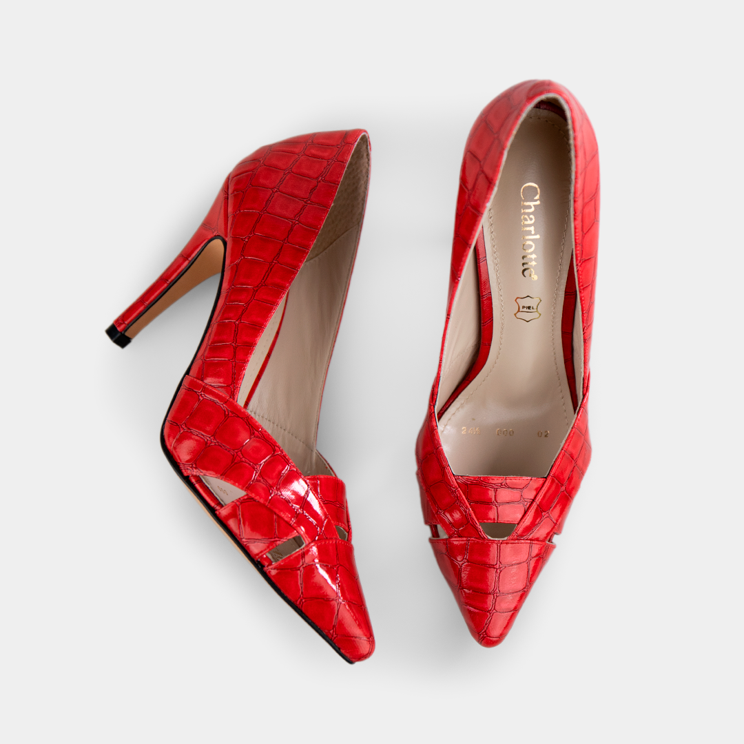 Zapatilla de piel tipo croco color rojo tacón alto