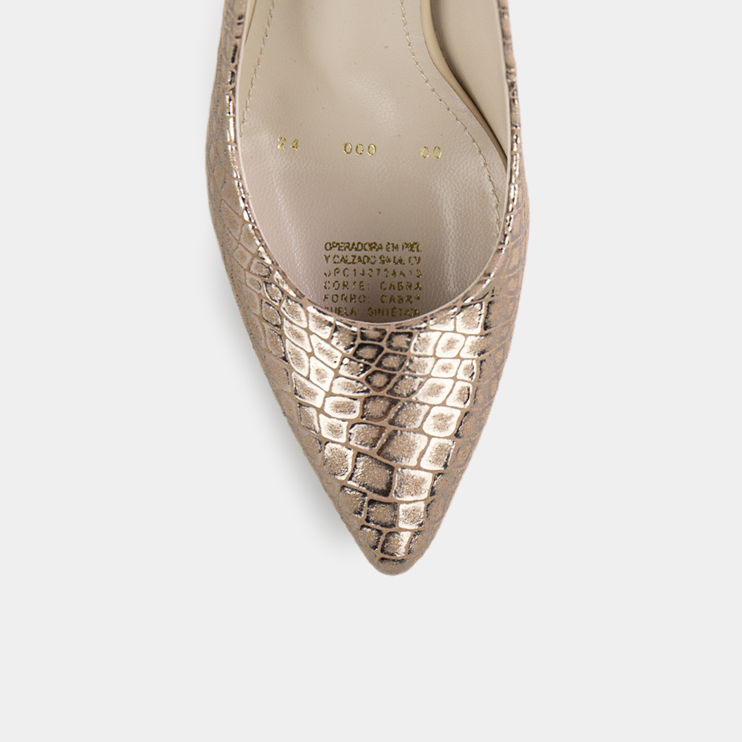 Zapatilla en piel grabada color oro tacón medio