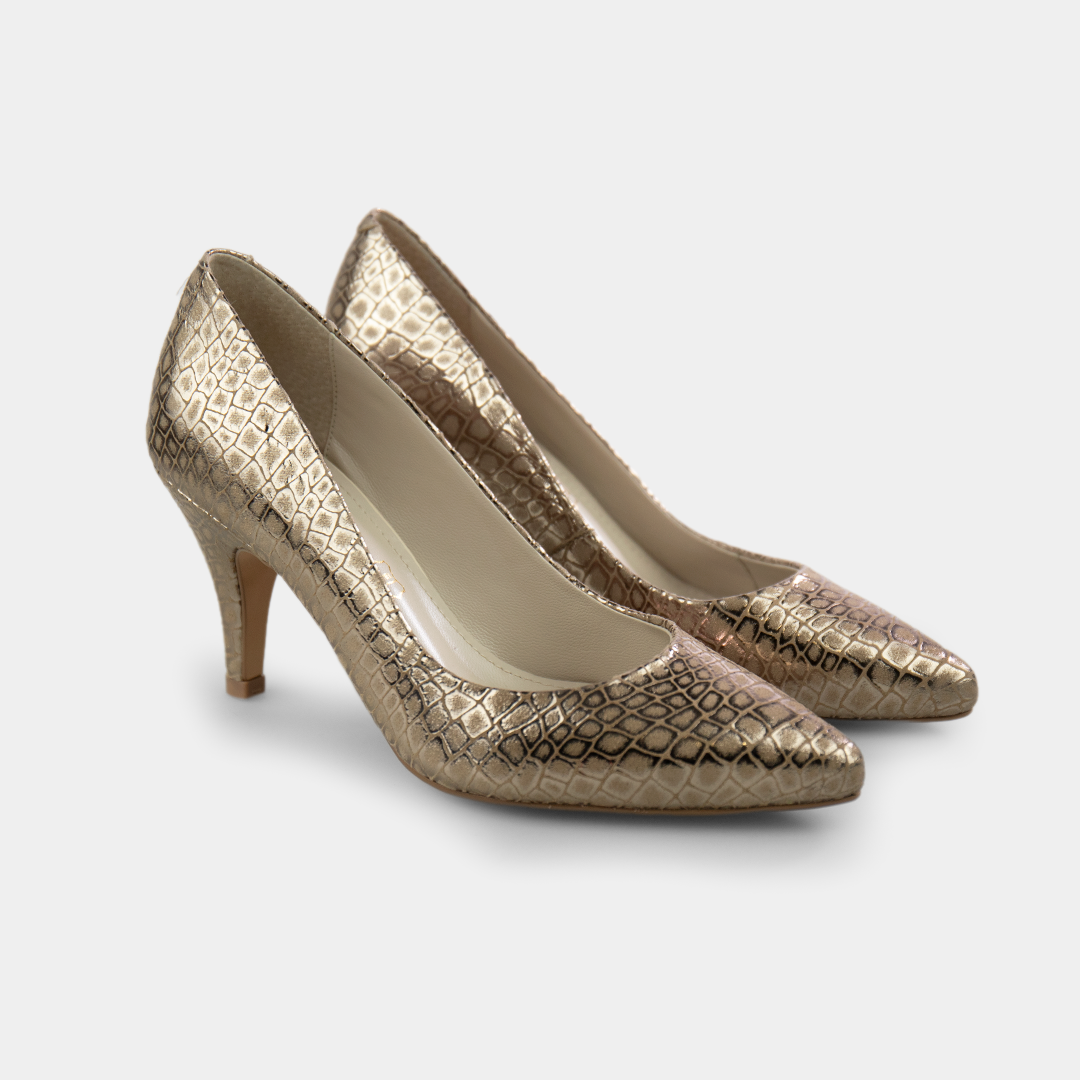 Zapatilla en piel grabada color oro tacón medio